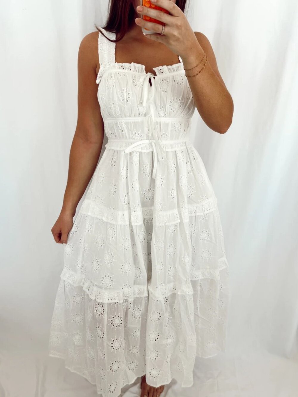 Lea White Eyelet Tiered Midi Dress Ruffle Detail Smocked Straps Pockets Sz M NEW